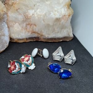 Elegant Earring Set with Blue, Red, and Silver Tones